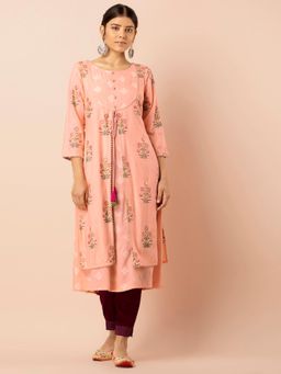 Indya - Orange Multicolour Boota Double Layered Kurta