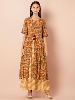 Indya - Mustard Printed Double Layer Maxi Dress