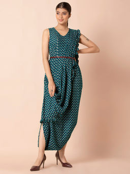 Indya - Teal Floral Jumpsuit With Attached Dupatta