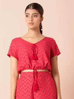 Indya - Pink Geometric Foil Drawstring Waist Crop Top