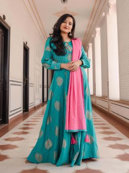 Indian Virasat - Nifty Turquoise Gold Leaf Boota Print Dress (set Of 2)