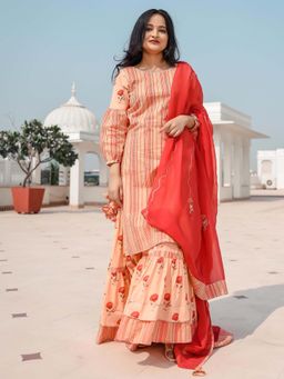 Indian Virasat - Peach Fuzz Strips With Floral Boota Sarara (set Of 3)