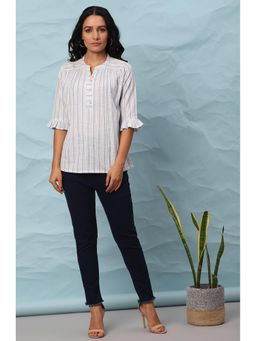 Janasya - White Cotton Slub Striped Straight Top