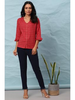 Janasya - Red Cotton Checkered Regular Top
