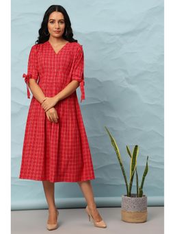 Janasya - Red Cotton Checkered Flared Casual Dress
