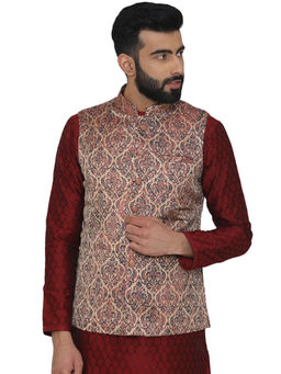 Manyavar - Maroon Silk Blend Nehru Jacket