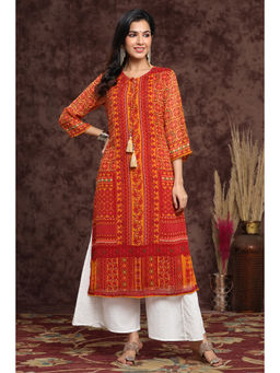 Juniper - Mustard Chiffon Ethnic Motif Printed Straight Kurta with Tie-Ups