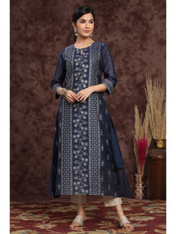 Juniper - Indigo Floral Printed Chanderi A-line Kurta