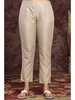 Juniper - Sand Grey Solid Poly Silk Slim Fit Pants.