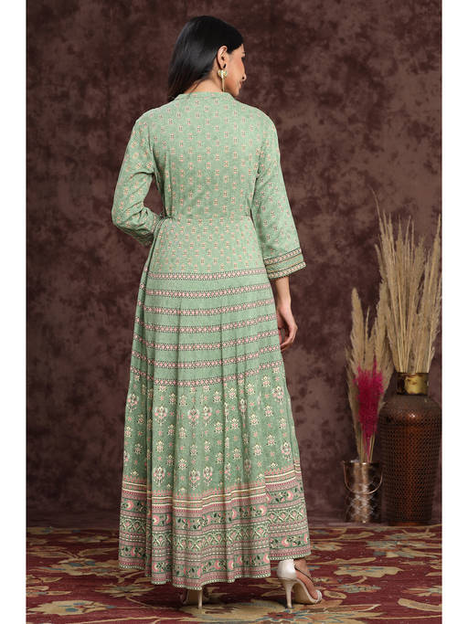 Buy Juniper Pista Green Ethnic Motif Rayon Embroidered Flared Maxi Dress. Online