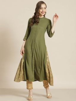 Juniper - Olive Ethnic Motif Printed Rayon A-Line Women Kurta