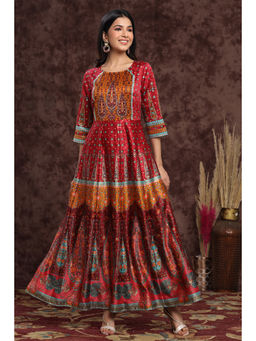 Juniper - Maroon Ethnic Motif Printed Dull Satin Anarkali Dress with Buttons.