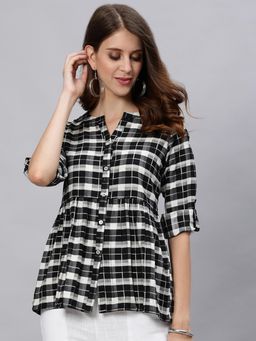 Jaipur Kurti - Women Black & White Checked Cotton Top With Gathered Detail