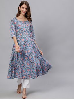Jaipur Kurti - Women Blue Ethnic Motifs Printed Flared Long Cotton Kurta