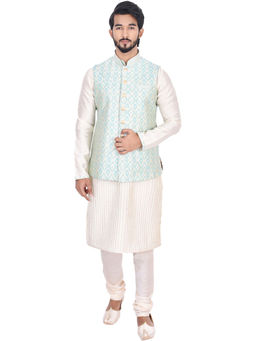 Manyavar - Green Silk Blend Kurta Churidar Jacket (Set of 3)