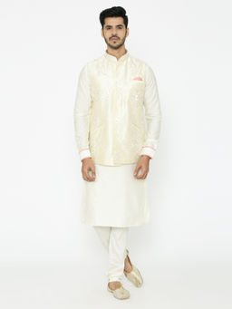 Manyavar - Cream Solid Kurta Jacket with Churidar (Set of 3)