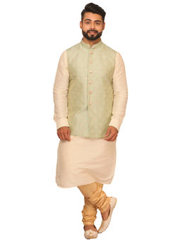Manyavar - Green Art Silk Kurta Jacket Churidar (Set of 3)