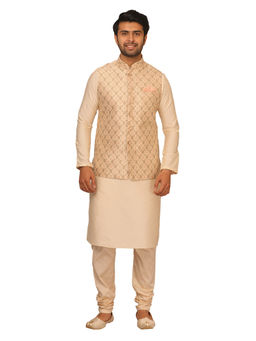 Manyavar - Beige Silk Blend Kurta Jacket Churidar (Set of 3)