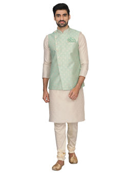 Manyavar - Green Silk Blend Kurta Jacket Churidar (Set of 3)