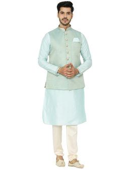 Manyavar - Blue Solid Kurta Jacket with Churidar (Set of 3)