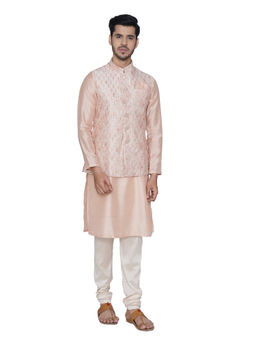 Manyavar - Peach Printed Kurta Jacket with Churidar (Set of 3)