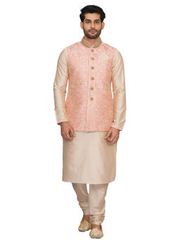 Manyavar - Peach Silk Blend Kurta Jacket And Churidar (Set of 3)