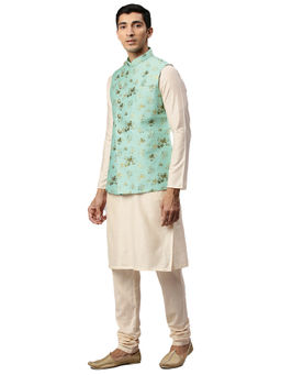 Manyavar - Men's Blue Kurta with Jacket and Churidar (Set of 3)