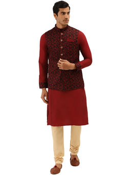 Manyavar - Men's Maroon Kurta with Jacket and Churidar (Set of 3)