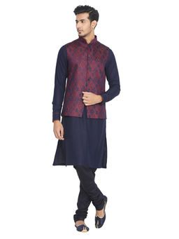 Manyavar - Blue Silk Blend Kurta Jacket Churidar (Set of 3)