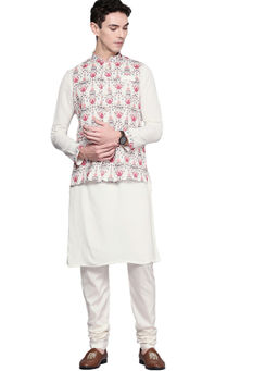 Manyavar - Off White Blended Viscose Printed Kurta Jacket Churidar (Set of 3)