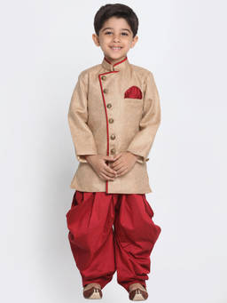 Vastramay - Boys Maroon Cotton Blend Indowestern Sherwani With Dhoti (Set of 2)