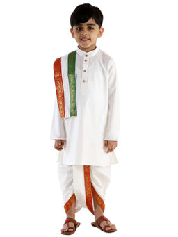 Vastramay - Boys Cream Kurta Dhoti And Dupatta (Set of 3)