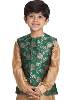 Vastramay - Boys Forest Greenand Zari Gold Nehru Jacket