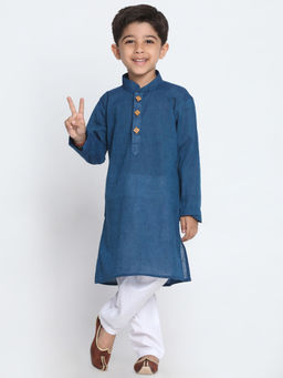 Vastramay - Boys Midnight Blue And White Pure Cotton Kurta With Pyjama (Set of 2)