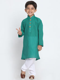 Vastramay - Boys Teal Green And White Pure Cotton Kurta With Pyjama (Set of 2)