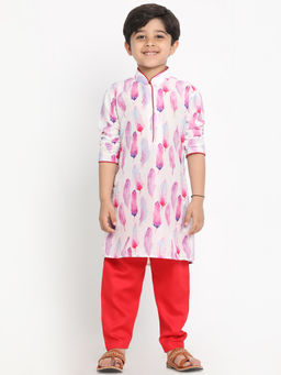 Vastramay - Boys Multicolor-Base-White Cotton Blend Kurta With Pyjama (Set of 2)