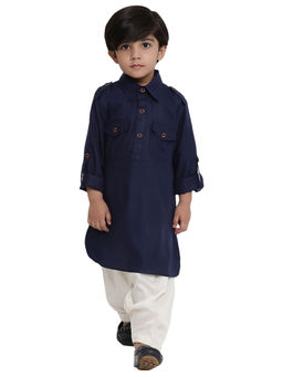Vastramay - Boys Navy Blue Cotton Blend Pathani Kurta With Pyjama (Set of 2)