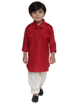 Vastramay - Boys Maroon Cotton Blend Pathani Kurta With Pyjama (Set of 2)