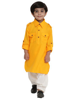 Vastramay - Boys Yellow Cotton Blend Pathani Kurta With Pyjama (Set of 2)
