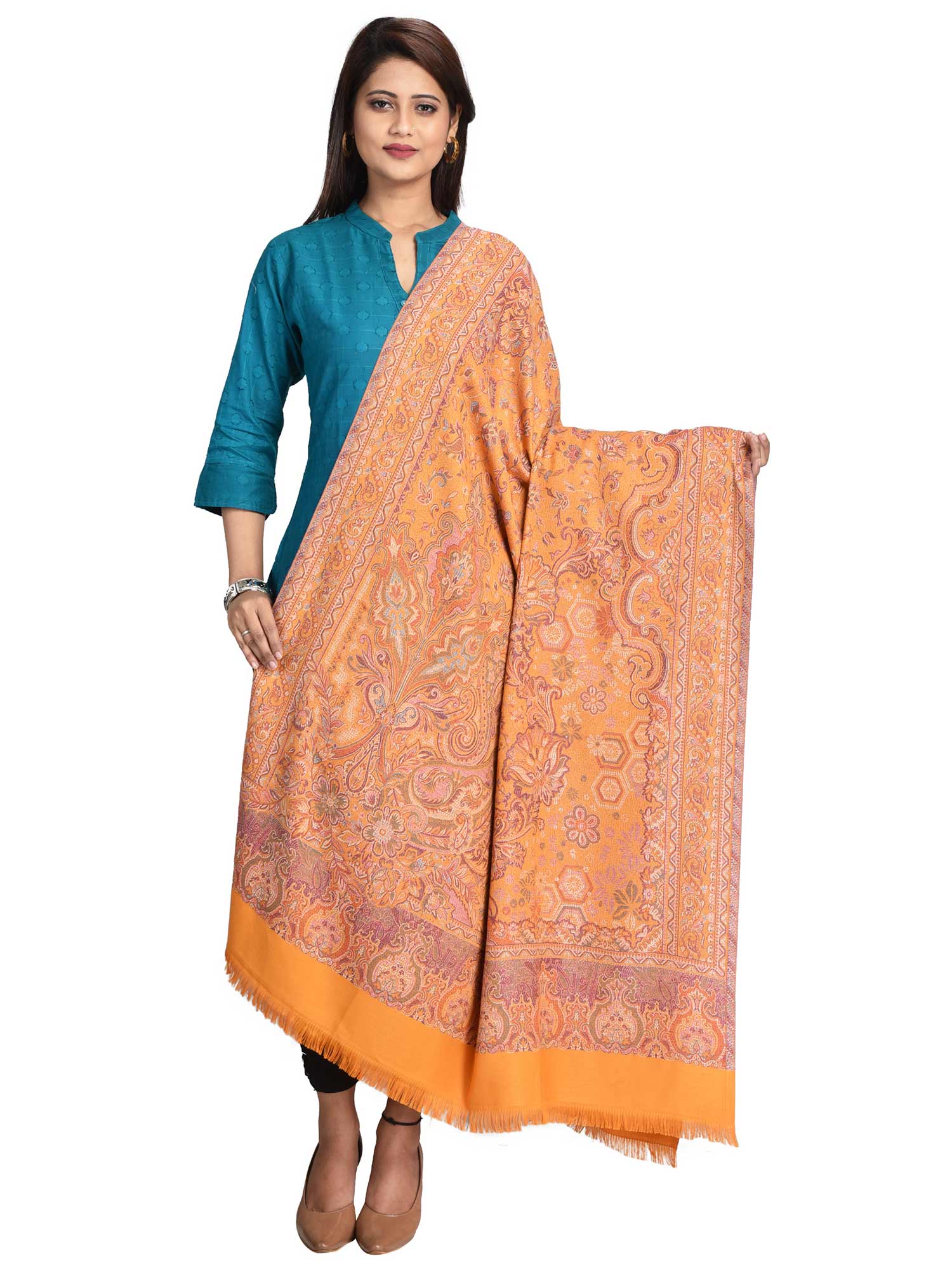 Yellow Woven Shawl in Wool Blended Fabric & Jamawar Pattern in Staple Thread-image-32