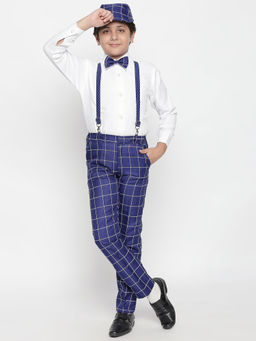 Jeetethnics - Boys Navy Blue Checked Suspender Pant with Shirt (Set of 5)