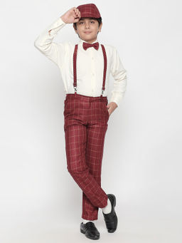Jeetethnics - Boys Maroon Checked Suspender Pant with Shirt (Set of 5)