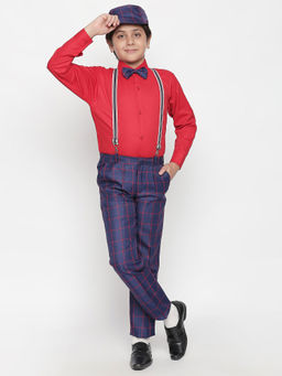 Jeetethnics - Boys Navy Blue Checked Suspender Pant with Shirt (Set of 5)