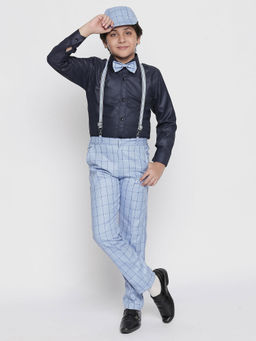 Jeetethnics - Boys Blue Checked Suspender Pant with Shirt (Set of 5)