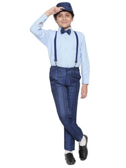 Jeetethnics - Boys Navy Blue Checked Suspender Pant Set With Shirt (set Of 5)