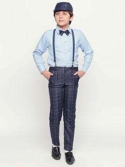 Jeetethnics - Boys Navy Blue Checked Suspender Pant with Shirt (Set of 5)
