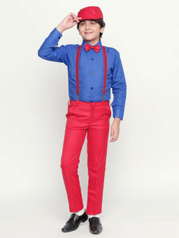 Jeetethnics - Boys Red Checked Suspender Pant with Shirt (Set of 5)