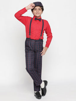 Jeetethnics - Boys Navy Blue Checked Suspender Pant with Shirt (Set of 5)