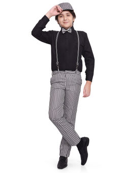 Jeetethnics - Boys Black Striped Suspender Pant Set With Shirt (set Of 5)