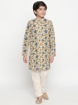 Jeetethnics - Boys Cream and Blue Printed Kurta Pyjama (Set of 2)